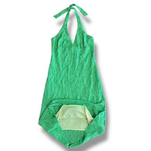 Y2K Vintage Glam Green Embroidered Floral Halter Dress Made in USA Size M - Picture 8 of 9